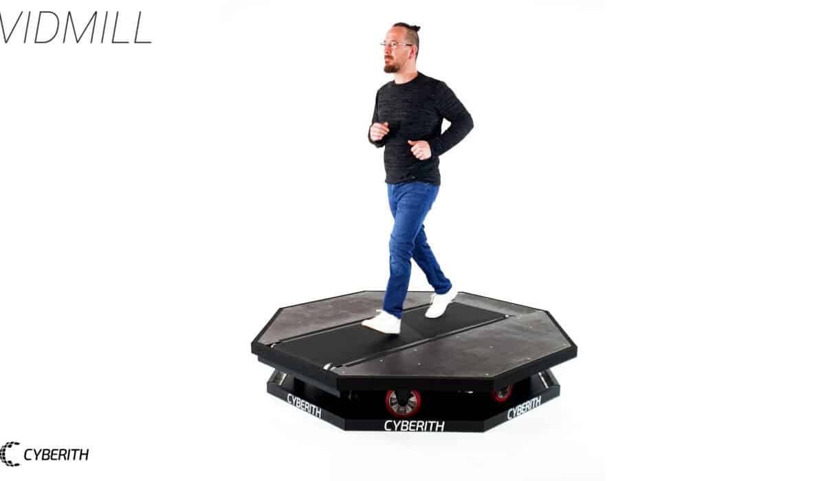 A user running jogging on the Cyberith VidMill Treadmil